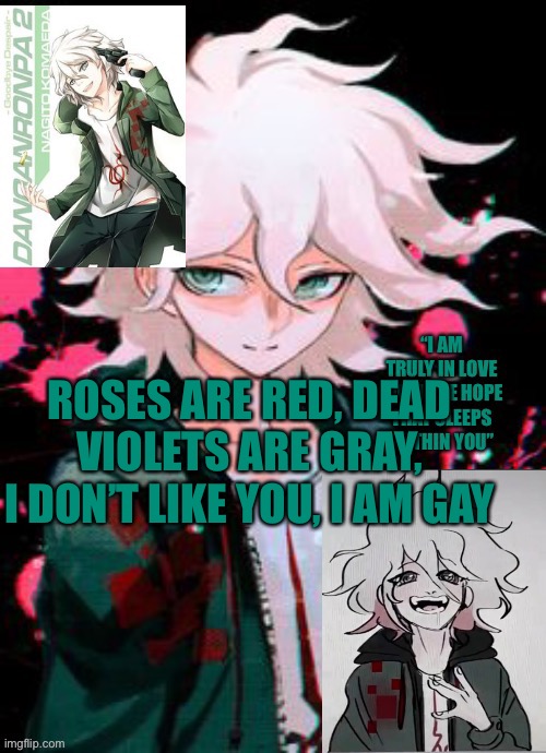 I sent this to guy the other day, he was trying  to hit on Me *qheeze* | ROSES ARE RED, DEAD VIOLETS ARE GRAY, I DON’T LIKE YOU, I AM GAY | image tagged in hope boi temp | made w/ Imgflip meme maker