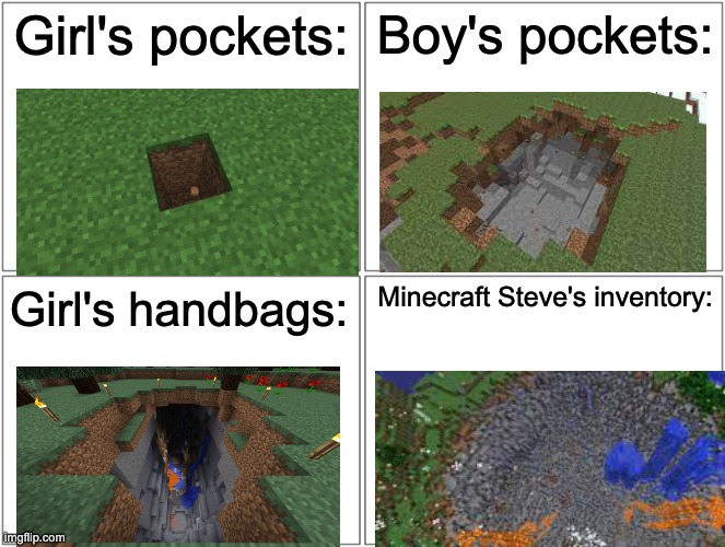Lol! | Girl's pockets:; Boy's pockets:; Minecraft Steve's inventory:; Girl's handbags: | image tagged in memes,blank comic panel 2x2,funny,minecraft,lol | made w/ Imgflip meme maker