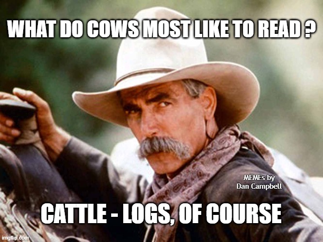 Sam Elliott Cowboy |  WHAT DO COWS MOST LIKE TO READ ? MEMEs by Dan Campbell; CATTLE - LOGS, OF COURSE | image tagged in sam elliott cowboy | made w/ Imgflip meme maker