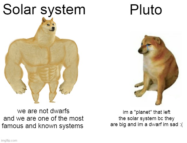 Buff Doge vs. Cheems | Solar system; Pluto; we are not dwarfs and we are one of the most famous and known systems; im a "planet" that left the solar system bc they are big and im a dwarf im sad :( | image tagged in memes,buff doge vs cheems | made w/ Imgflip meme maker