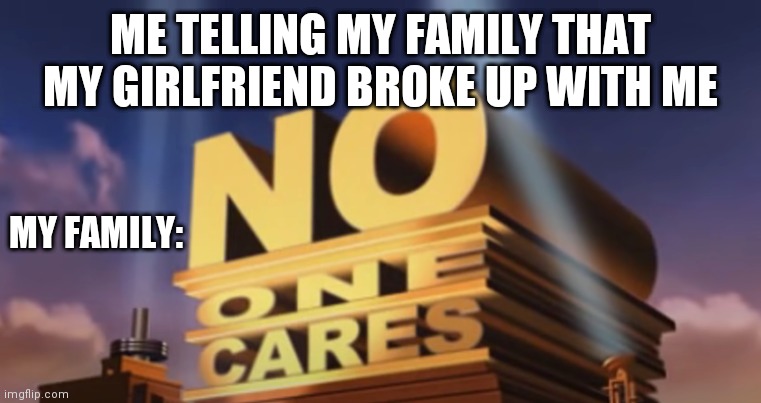 No one cares | ME TELLING MY FAMILY THAT MY GIRLFRIEND BROKE UP WITH ME; MY FAMILY: | image tagged in no one cares | made w/ Imgflip meme maker