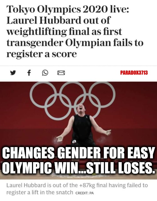 Well that was anti-climactic. Real women are literally laughing at you right now. | PARADOX3713; CHANGES GENDER FOR EASY OLYMPIC WIN...STILL LOSES. | image tagged in memes,politics,funny,olympics,epic fail,fail army | made w/ Imgflip meme maker