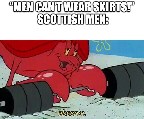 Approved by a Scottish “man” |  “MEN CAN’T WEAR SKIRTS!”

 SCOTTISH MEN: | image tagged in observe,scotland,scottish | made w/ Imgflip meme maker
