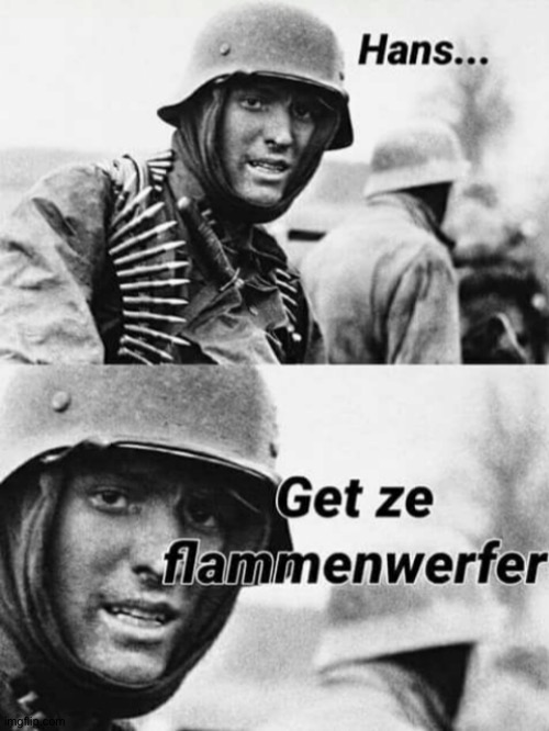 Hans get ze flammenwerfer | image tagged in hans get ze flammenwerfer | made w/ Imgflip meme maker