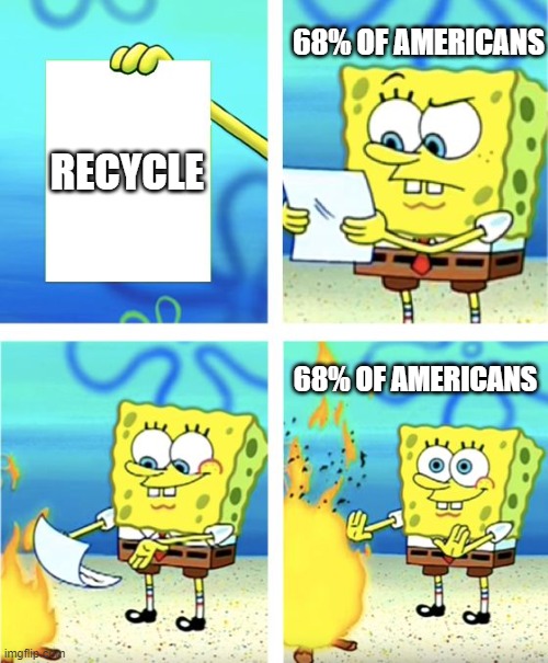 Spongebob Burning Paper | 68% OF AMERICANS; RECYCLE; 68% OF AMERICANS | image tagged in spongebob burning paper | made w/ Imgflip meme maker