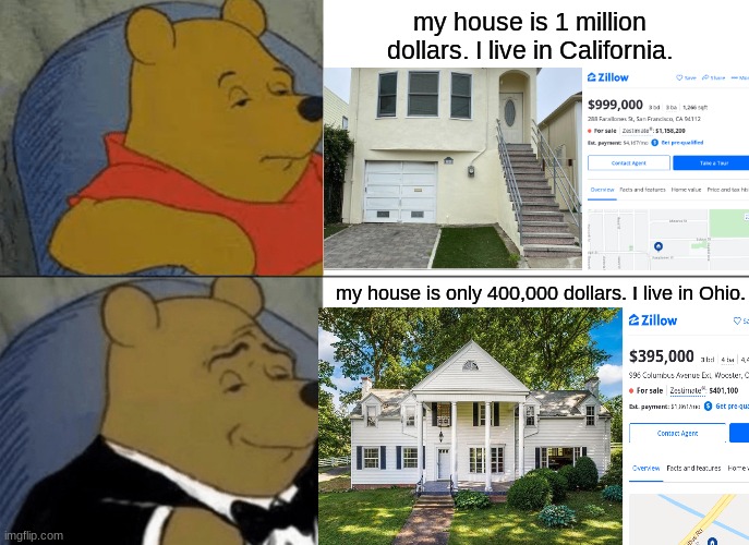 different house prices different houses | my house is 1 million dollars. I live in California. my house is only 400,000 dollars. I live in Ohio. | image tagged in memes,tuxedo winnie the pooh,real estate,house,houses,money | made w/ Imgflip meme maker