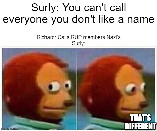 Didn't the Nazi's call those they didn't like extreme names? | Surly: You can't call everyone you don't like a name; Richard: Calls RUP members Nazi's
Surly:; THAT'S DIFFERENT | image tagged in memes,monkey puppet,nazi | made w/ Imgflip meme maker