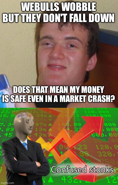 WEBULLS WOBBLE BUT THEY DON'T FALL DOWN; DOES THAT MEAN MY MONEY IS SAFE EVEN IN A MARKET CRASH? | image tagged in stoned guy,confused stonks | made w/ Imgflip meme maker