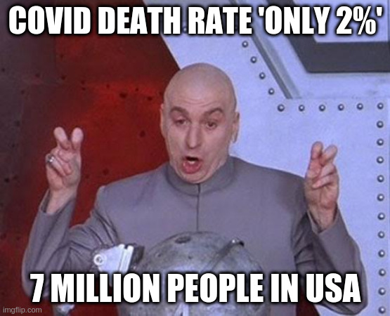 2% of 350,000,000 people, simple math. Go ahead, vaccinate. Living is fun! | COVID DEATH RATE 'ONLY 2%'; 7 MILLION PEOPLE IN USA | image tagged in memes,dr evil laser,covid | made w/ Imgflip meme maker
