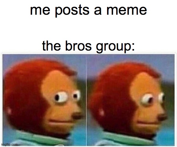 Monkey Puppet | me posts a meme; the bros group: | image tagged in memes,monkey puppet | made w/ Imgflip meme maker
