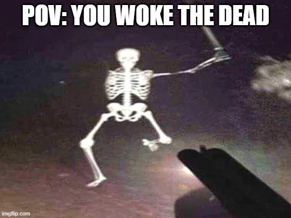 mr skeleton is angery and wants his right arm back | POV: YOU WOKE THE DEAD | image tagged in fun,funni,spooky scary skeleton,why are you reading this | made w/ Imgflip meme maker