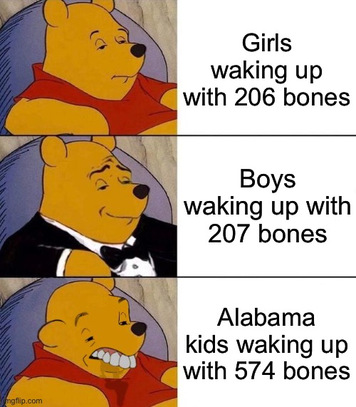 INCEST ROCKS!!!! | Girls waking up with 206 bones; Boys waking up with 207 bones; Alabama kids waking up with 574 bones | image tagged in funny,alabama,bones,memes,tuxedo winnie the pooh,incest | made w/ Imgflip meme maker