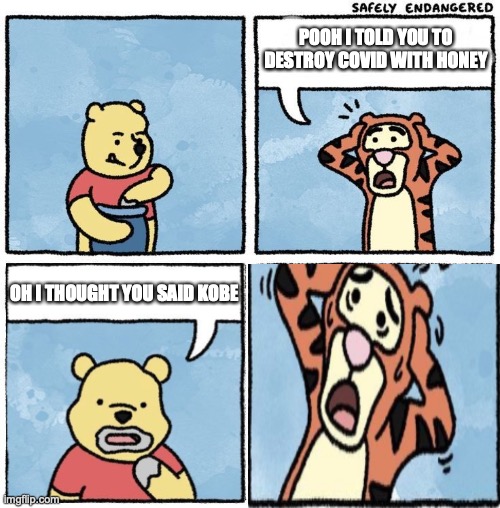 oh | POOH I TOLD YOU TO DESTROY COVID WITH HONEY; OH I THOUGHT YOU SAID KOBE | image tagged in sweet jesus pooh | made w/ Imgflip meme maker