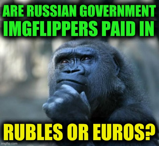crypto? | ARE RUSSIAN GOVERNMENT; IMGFLIPPERS PAID IN; RUBLES OR EUROS? | image tagged in deep thoughts,russian hackers,misinformation,donald trump,conservative logic,fools | made w/ Imgflip meme maker