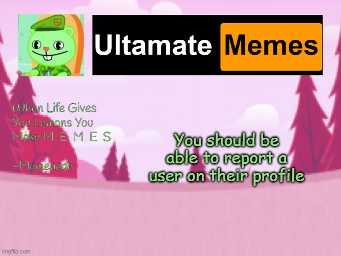 This probably exists and I hadn't found it | You should be able to report a user on their profile | image tagged in ultamatememes template | made w/ Imgflip meme maker