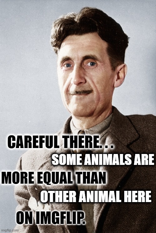 George Orwell | CAREFUL THERE. . . SOME ANIMALS ARE MORE EQUAL THAN OTHER ANIMAL HERE ON IMGFLIP. | image tagged in george orwell | made w/ Imgflip meme maker