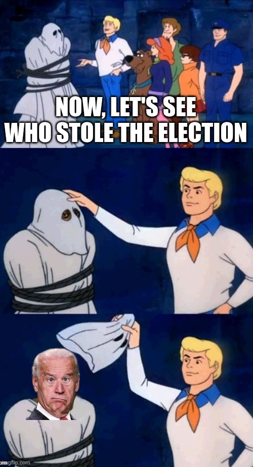 Scooby Do- unmasking | NOW, LET'S SEE WHO STOLE THE ELECTION | image tagged in scooby do- unmasking | made w/ Imgflip meme maker