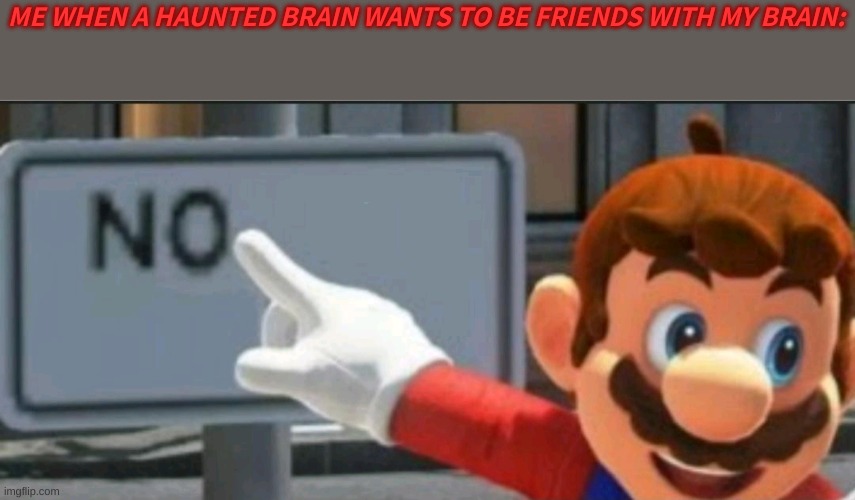 If You Have A Haunted Brain Then........Nope! | ME WHEN A HAUNTED BRAIN WANTS TO BE FRIENDS WITH MY BRAIN: | image tagged in mario points at a no sign | made w/ Imgflip meme maker