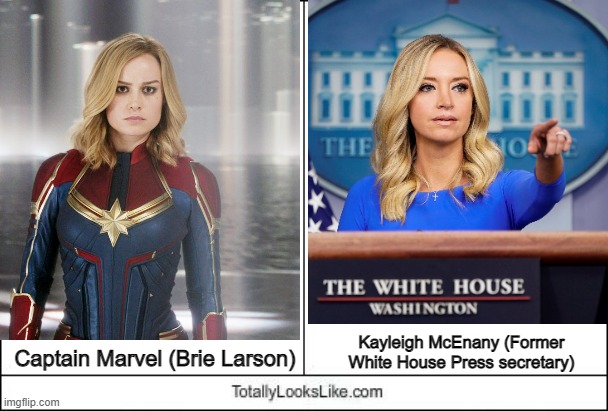 Am  I right? | Captain Marvel (Brie Larson); Kayleigh McEnany (Former White House Press secretary) | image tagged in kayleight mcenany,captain marvel,totally looks like,meme,barney will eat all of your delectable biscuits | made w/ Imgflip meme maker