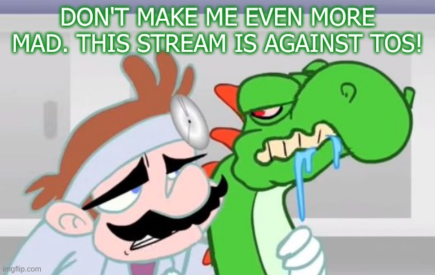 You mad yoshi | DON'T MAKE ME EVEN MORE MAD. THIS STREAM IS AGAINST TOS! | image tagged in you mad yoshi | made w/ Imgflip meme maker