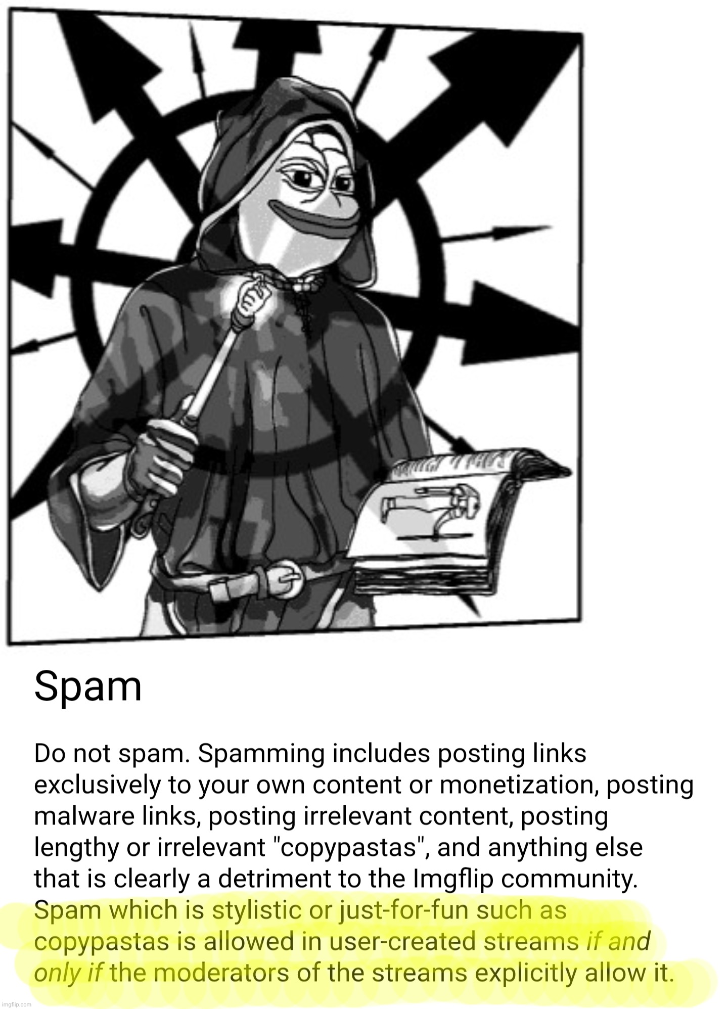 PEPE PARTY PROPOSES I_P FREE SPEECH LEGISLATION TERMS OF USE ALLOW STREAMS TO HOST STYLISTIC AND JUST-FOR-FUN SPAM | image tagged in pepe party,proposal,legislation,spam,free speech,censorship | made w/ Imgflip meme maker