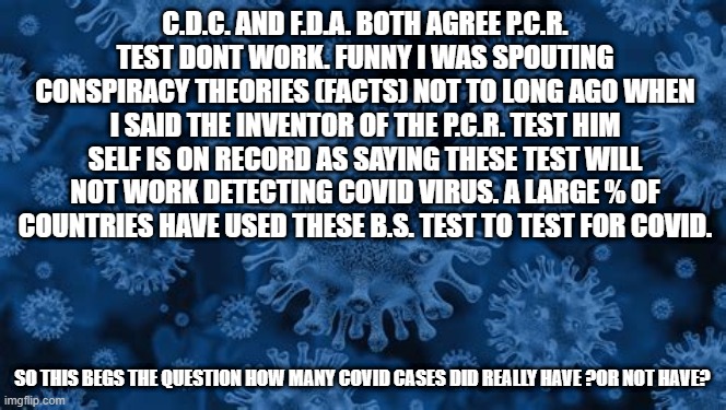 C.D.C. AND F.D.A. BOTH AGREE P.C.R. TEST DONT WORK. FUNNY I WAS SPOUTING CONSPIRACY THEORIES (FACTS) NOT TO LONG AGO WHEN I SAID THE INVENTOR OF THE P.C.R. TEST HIM SELF IS ON RECORD AS SAYING THESE TEST WILL NOT WORK DETECTING COVID VIRUS. A LARGE % OF COUNTRIES HAVE USED THESE B.S. TEST TO TEST FOR COVID. SO THIS BEGS THE QUESTION HOW MANY COVID CASES DID REALLY HAVE ?OR NOT HAVE? | made w/ Imgflip meme maker
