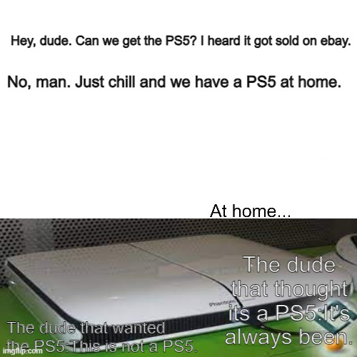 PS5? | Hey, dude. Can we get the PS5? I heard it got sold on ebay. No, man. Just chill and we have a PS5 at home. The dude that thought its a PS5:It's always been. The dude that wanted the PS5:This is not a PS5. | image tagged in dude | made w/ Imgflip meme maker