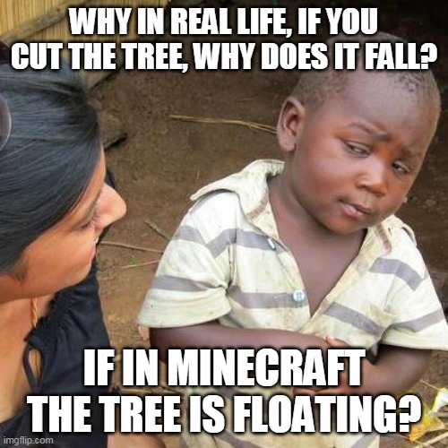 Third World Skeptical Kid Meme | WHY IN REAL LIFE, IF YOU CUT THE TREE, WHY DOES IT FALL? IF IN MINECRAFT THE TREE IS FLOATING? | image tagged in memes,third world skeptical kid | made w/ Imgflip meme maker