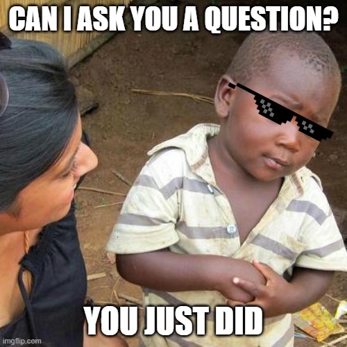 Third World Skeptical Kid Meme | CAN I ASK YOU A QUESTION? YOU JUST DID | image tagged in memes,third world skeptical kid | made w/ Imgflip meme maker