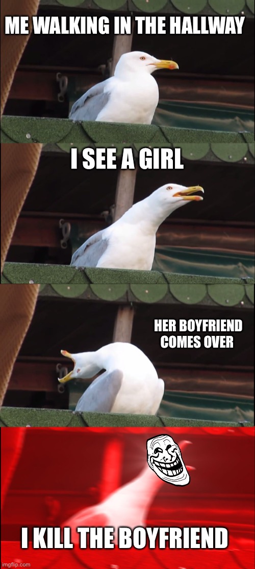 Inhaling Seagull | ME WALKING IN THE HALLWAY; I SEE A GIRL; HER BOYFRIEND COMES OVER; I KILL THE BOYFRIEND | image tagged in memes,inhaling seagull | made w/ Imgflip meme maker