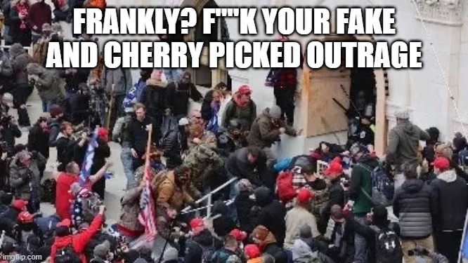 MAGA riot | FRANKLY? F""K YOUR FAKE AND CHERRY PICKED OUTRAGE | image tagged in maga riot | made w/ Imgflip meme maker