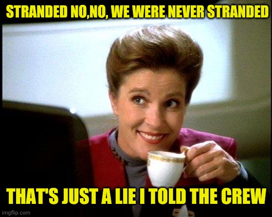 Captain Janeway Coffee Cup | STRANDED NO,NO, WE WERE NEVER STRANDED THAT'S JUST A LIE I TOLD THE CREW | image tagged in captain janeway coffee cup | made w/ Imgflip meme maker