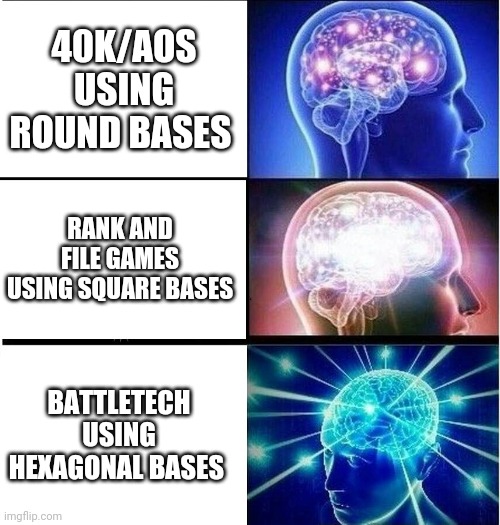 Expanding brain 3 panels | 40K/AOS USING ROUND BASES; RANK AND FILE GAMES USING SQUARE BASES; BATTLETECH USING HEXAGONAL BASES | image tagged in expanding brain 3 panels,Grimdank | made w/ Imgflip meme maker
