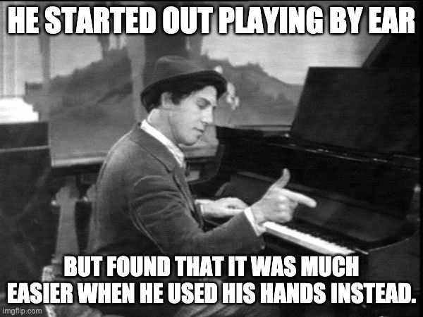 Ear for music | HE STARTED OUT PLAYING BY EAR; BUT FOUND THAT IT WAS MUCH EASIER WHEN HE USED HIS HANDS INSTEAD. | image tagged in bad pun | made w/ Imgflip meme maker