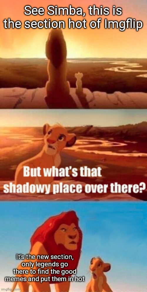 Simba Shadowy Place | See Simba, this is the section hot of Imgflip; It's the new section, only legends go there to find the good memes and put them in hot | image tagged in memes,simba shadowy place | made w/ Imgflip meme maker