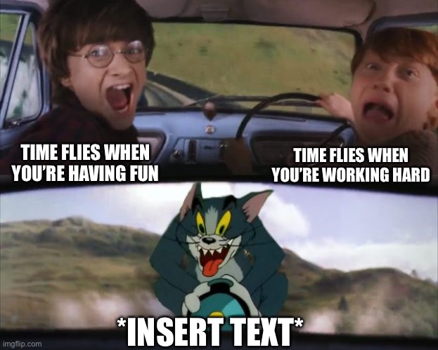 Tom chasing Harry and Ron Weasly | TIME FLIES WHEN YOU’RE HAVING FUN TIME FLIES WHEN YOU’RE WORKING HARD *INSERT TEXT* | image tagged in tom chasing harry and ron weasly | made w/ Imgflip meme maker