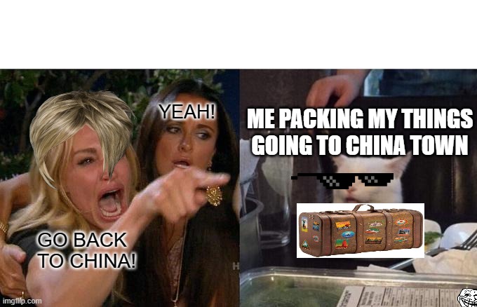 heyea boai | YEAH! ME PACKING MY THINGS GOING TO CHINA TOWN; GO BACK TO CHINA! | image tagged in memes,woman yelling at cat | made w/ Imgflip meme maker