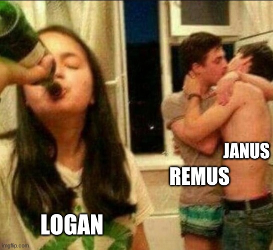 Basically Working Through Intrusive Thoughts In A Nutshell | JANUS; REMUS; LOGAN | image tagged in girl drinking while guys make out | made w/ Imgflip meme maker