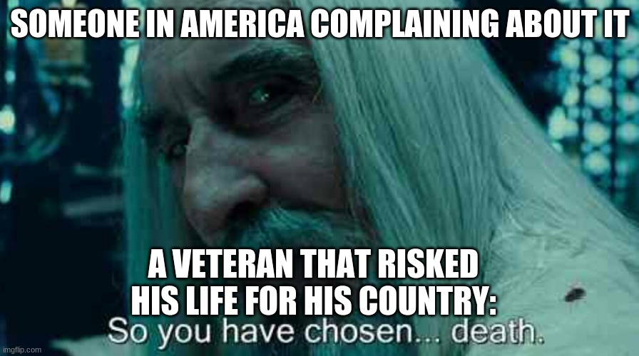 So you have chosen death | SOMEONE IN AMERICA COMPLAINING ABOUT IT; A VETERAN THAT RISKED HIS LIFE FOR HIS COUNTRY: | image tagged in so you have chosen death | made w/ Imgflip meme maker