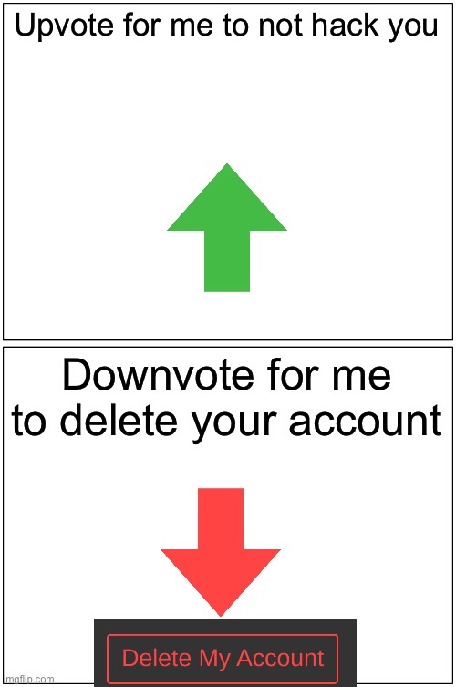 FORSSSSSSSS | Upvote for me to not hack you; Downvote for me to delete your account | image tagged in memes,blank comic panel 1x2 | made w/ Imgflip meme maker