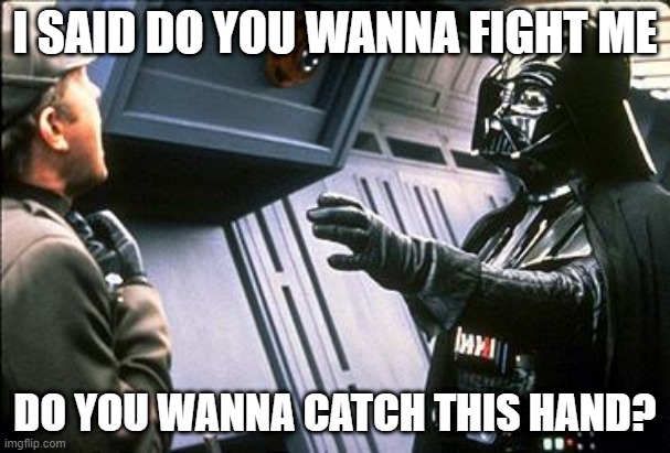 Darth Taunting | I SAID DO YOU WANNA FIGHT ME; DO YOU WANNA CATCH THIS HAND? | image tagged in star wars choke | made w/ Imgflip meme maker