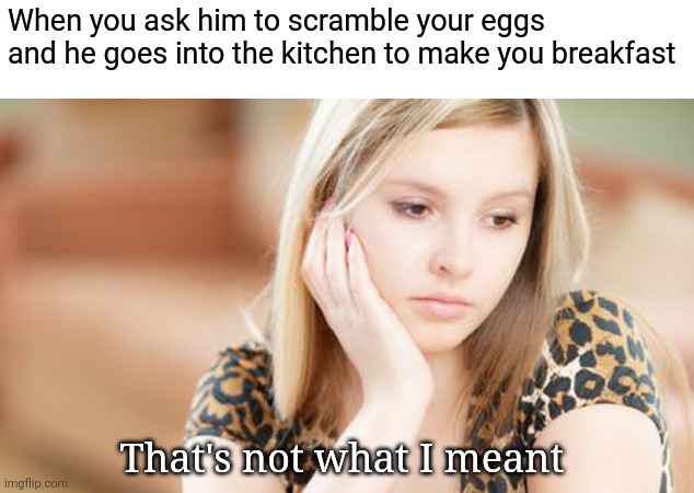 She's not hungry | When you ask him to scramble your eggs and he goes into the kitchen to make you breakfast; That's not what I meant | image tagged in memes,fun | made w/ Imgflip meme maker