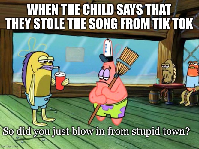 Qertukk | WHEN THE CHILD SAYS THAT THEY STOLE THE SONG FROM TIK TOK; So did you just blow in from stupid town? | image tagged in did you just blow in from stupid town | made w/ Imgflip meme maker
