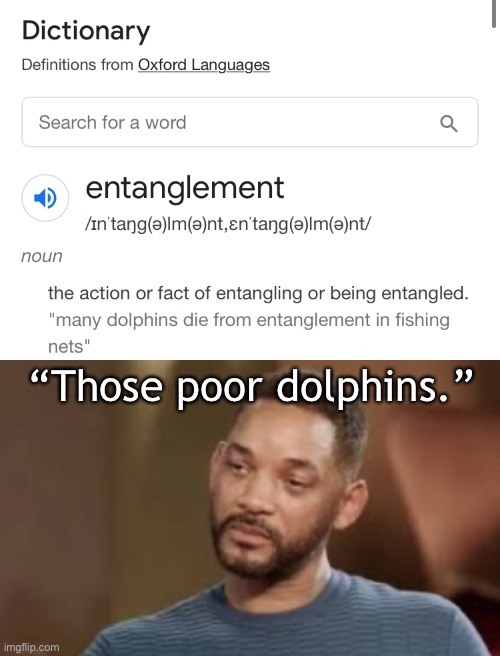 Entanglement | “Those poor dolphins.” | image tagged in crying will smith | made w/ Imgflip meme maker