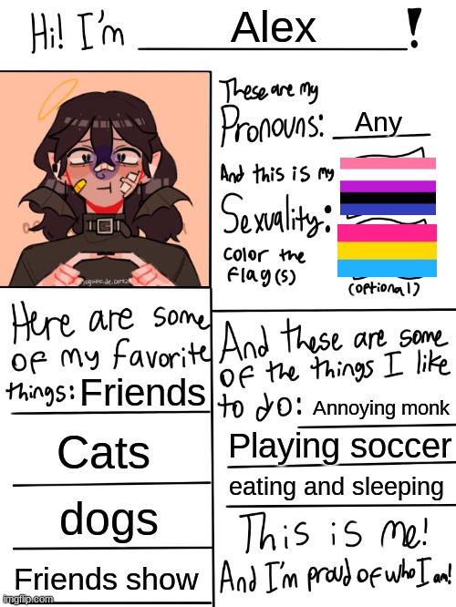 Lgbtq stream account profile | Alex; Any; Friends; Annoying monk; Cats; Playing soccer; eating and sleeping; dogs; Friends show | image tagged in lgbtq stream account profile | made w/ Imgflip meme maker