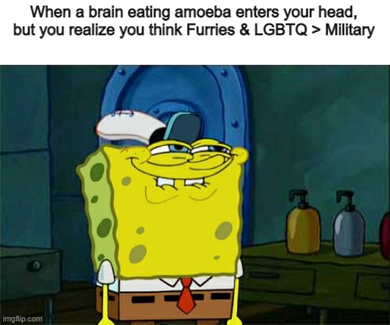 Don't You Squidward Meme | When a brain eating amoeba enters your head, but you realize you think Furries & LGBTQ > Military | image tagged in memes,don't you squidward | made w/ Imgflip meme maker
