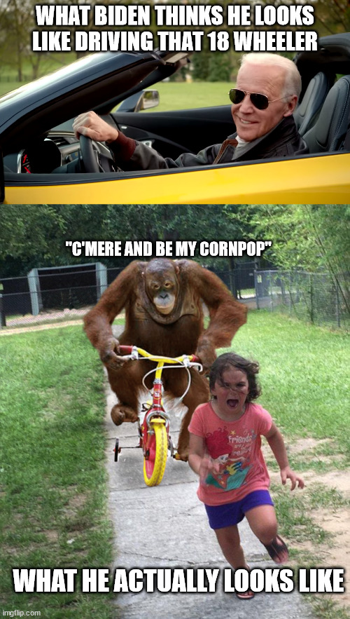 Biden the Truck Driver? | WHAT BIDEN THINKS HE LOOKS LIKE DRIVING THAT 18 WHEELER; "C'MERE AND BE MY CORNPOP"; WHAT HE ACTUALLY LOOKS LIKE | image tagged in biden car,orangutan chasing girl on a tricycle | made w/ Imgflip meme maker