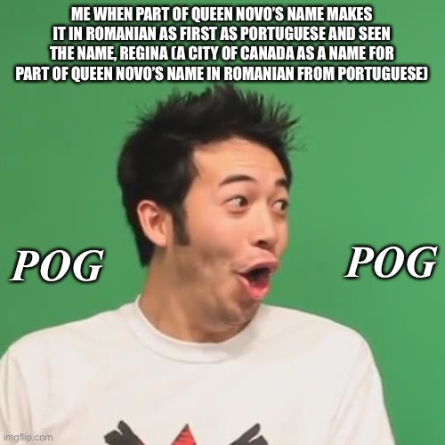 pogchamp |  ME WHEN PART OF QUEEN NOVO’S NAME MAKES IT IN ROMANIAN AS FIRST AS PORTUGUESE AND SEEN THE NAME, REGINA (A CITY OF CANADA AS A NAME FOR PART OF QUEEN NOVO’S NAME IN ROMANIAN FROM PORTUGUESE); POG; POG | image tagged in pogchamp,shocker,languages,canada,queen novo,mlp | made w/ Imgflip meme maker