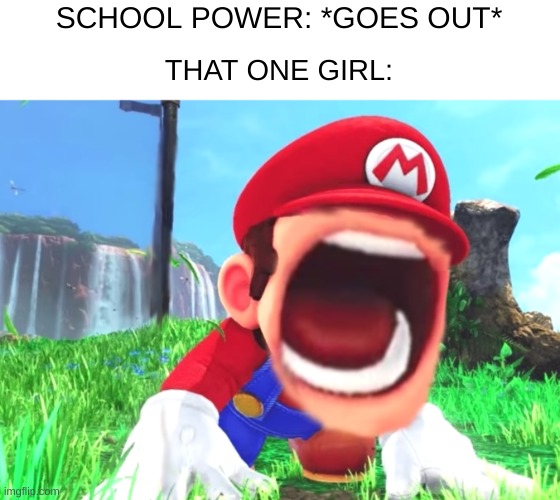 Idk what to name this |  SCHOOL POWER: *GOES OUT*; THAT ONE GIRL: | image tagged in mario screaming,memes,girls,school memes | made w/ Imgflip meme maker
