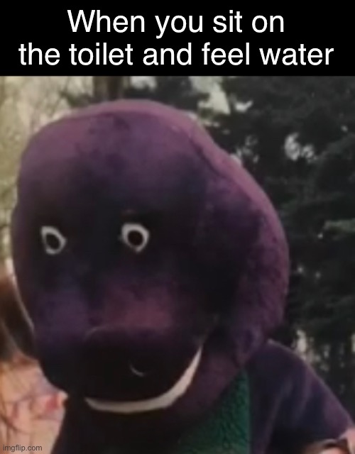 La wet | When you sit on the toilet and feel water | image tagged in funny,memes,toilet,barney | made w/ Imgflip meme maker